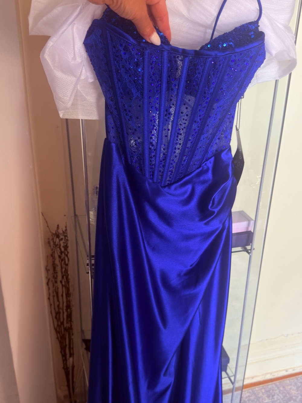 Elegant Royal Blue Satin Evening Dress with Sequin Corset